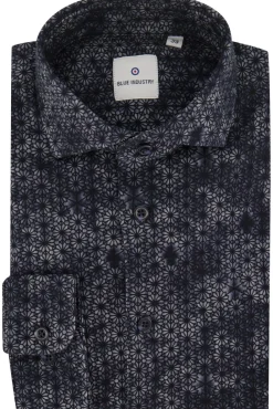 Clearance casual overhemd slim fit donkerblauw geprint katoen Lange Mouw Overhemden|Casual Overhemden