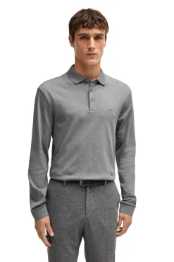 Best Boss Pado polo slim fit grijs gemêleerd katoen Poloshirts Lange Mouw