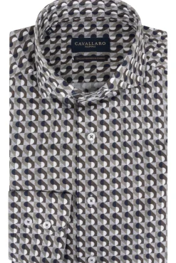 Best Cavallaro overhemd mouwlengte 7 slim fit donnkergroen geprint