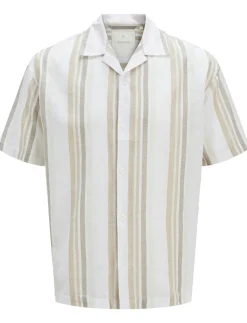 Best casual overhemd korte mouw beige gestreept Korte Mouw Overhemden|Casual Overhemden