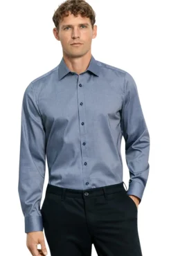 Best Katoenen overhemd mouwlengte 7 body fit blauw Mouwlengte 7 Overhemden|Casual Overhemden
