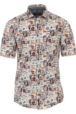 Best Casa Moda Overhemd korte mouw normale fit beige geprint katoen