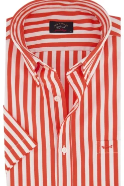Best casual overhemd korte mouw wijde fit oranje gestreept katoen Korte Mouw Overhemden|Casual Overhemden