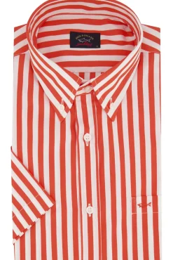 Best casual overhemd korte mouw wijde fit oranje gestreept katoen Korte Mouw Overhemden|Casual Overhemden